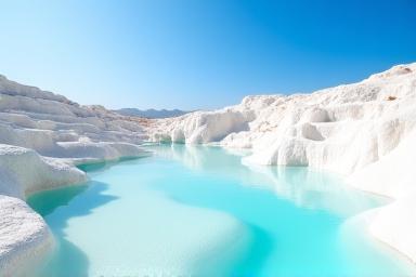 White thermal terraces of Pamukkale under a blue sky