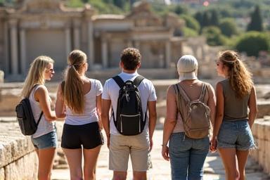 Group of travelers with a guide exploring a historical site